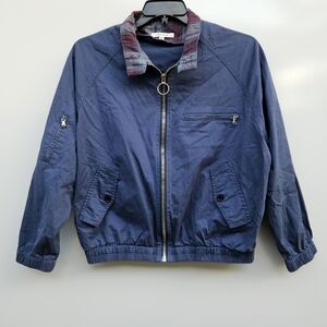 PacSun Navy Blue Bomber Jacket with Plaid Trim